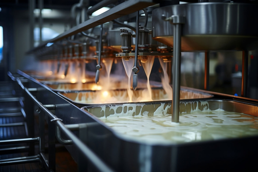 Kochen von Milch in einem Edelstahltank zur Käseherstellung unter Einsatz von Prozesswärme in der Lebensmittelindustrie